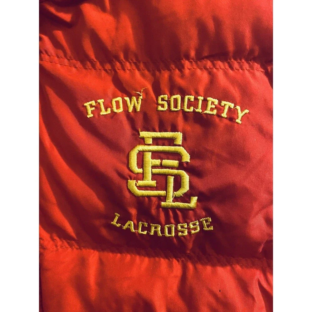 Flow Society Lacrosse Puffer Vest Boys Youth Size L Red Yellow Monkeys Graphics